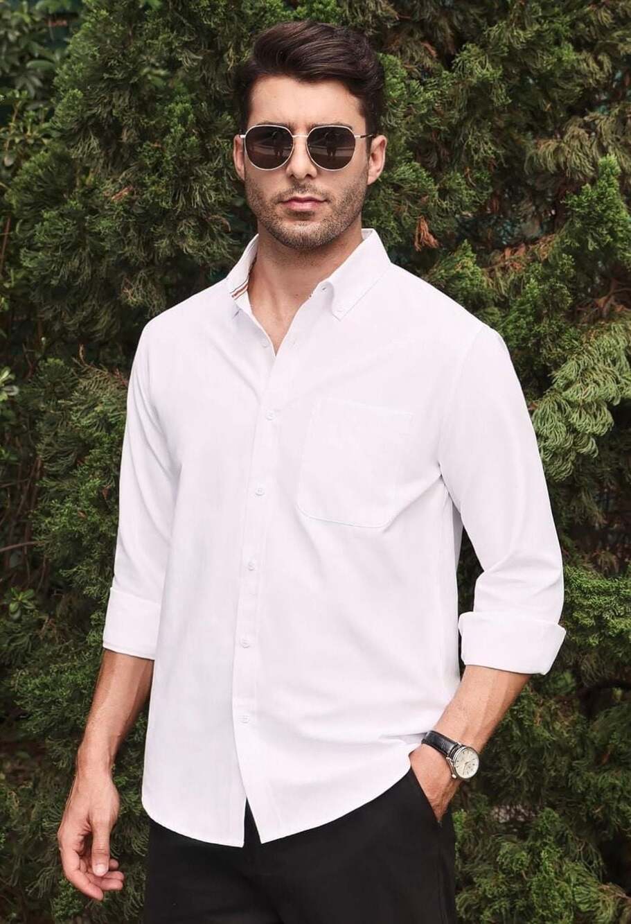 Alimens & Gentle Men's Solid Long Sleeve Oxford Button Down Shirt with Pocket